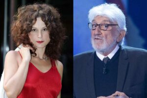 Beatrice Luzzi in posa e Gigi Proietti in teatro